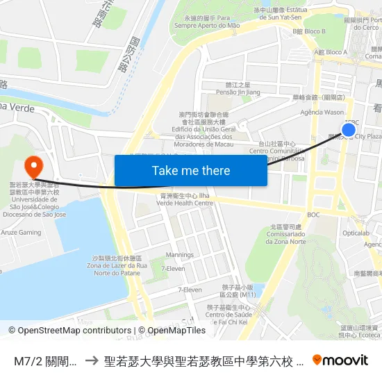 M7/2 關閘馬路 Istmo F. Amaral to 聖若瑟大學與聖若瑟教區中學第六校 Universidade De São José&Colegio Diocesano De Sao Jose map