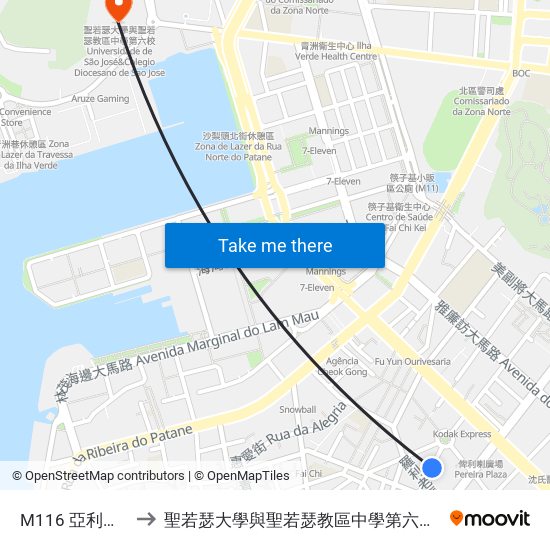 M116 亞利鴉架街 Rua Manuel Arriaga to 聖若瑟大學與聖若瑟教區中學第六校 Universidade De São José&Colegio Diocesano De Sao Jose map