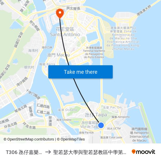 T306 氹仔嘉樂庇馬路 Est. Gov. Nobre Carvalho to 聖若瑟大學與聖若瑟教區中學第六校 Universidade De São José&Colegio Diocesano De Sao Jose map