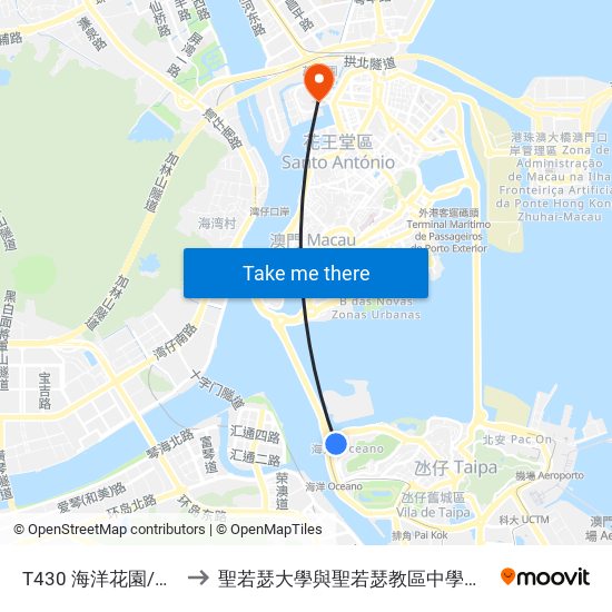 T430 海洋花園/玫瑰苑 Jardins Do Oceano / Rose Court to 聖若瑟大學與聖若瑟教區中學第六校 Universidade De São José&Colegio Diocesano De Sao Jose map