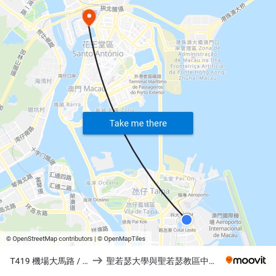 T419 機場大馬路 / 永利皇宮 Avenida Do Aeroporto / Wynn Palace to 聖若瑟大學與聖若瑟教區中學第六校 Universidade De São José&Colegio Diocesano De Sao Jose map