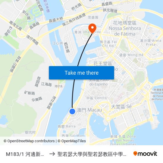 M183/1 河邊新街/凱泉灣 Alm. Sérgio / Riviera  Macau to 聖若瑟大學與聖若瑟教區中學第六校 Universidade De São José&Colegio Diocesano De Sao Jose map