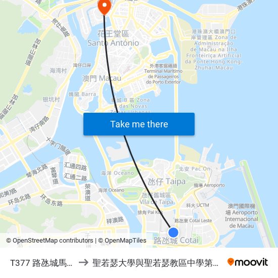 T377 路氹城馬路/巴黎人 Av. De Cotai / Parisian to 聖若瑟大學與聖若瑟教區中學第六校 Universidade De São José&Colegio Diocesano De Sao Jose map