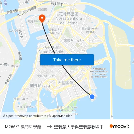 M266/2 澳門科學館 Centro De Ciência De Macau, Macao Science Center to 聖若瑟大學與聖若瑟教區中學第六校 Universidade De São José&Colegio Diocesano De Sao Jose map