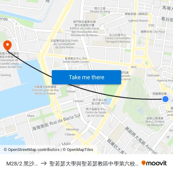 M28/2 黑沙環馬路 Est. Areia Preta to 聖若瑟大學與聖若瑟教區中學第六校 Universidade De São José&Colegio Diocesano De Sao Jose map