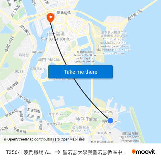 T356/1 澳門機場 Aeroporto De Macau, Macau International Airport to 聖若瑟大學與聖若瑟教區中學第六校 Universidade De São José&Colegio Diocesano De Sao Jose map