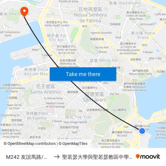 M242 友誼馬路/海港街 Av. Amizade/ R. Do Terminal Maritimo to 聖若瑟大學與聖若瑟教區中學第六校 Universidade De São José&Colegio Diocesano De Sao Jose map