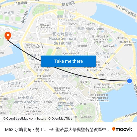 M53 水塘北角 / 勞工事務局 R Bend / Dsal, R Bend / Labour Affairs Bureau to 聖若瑟大學與聖若瑟教區中學第六校 Universidade De São José&Colegio Diocesano De Sao Jose map