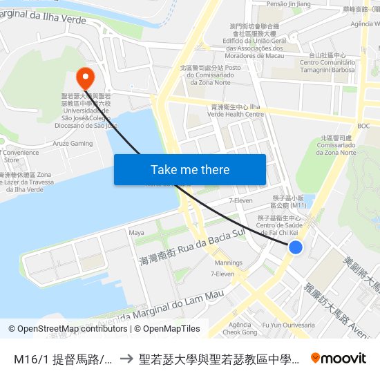 M16/1 提督馬路/雅廉訪 Av. Alm. Lacerda/ Ouvidor Arriaga to 聖若瑟大學與聖若瑟教區中學第六校 Universidade De São José&Colegio Diocesano De Sao Jose map