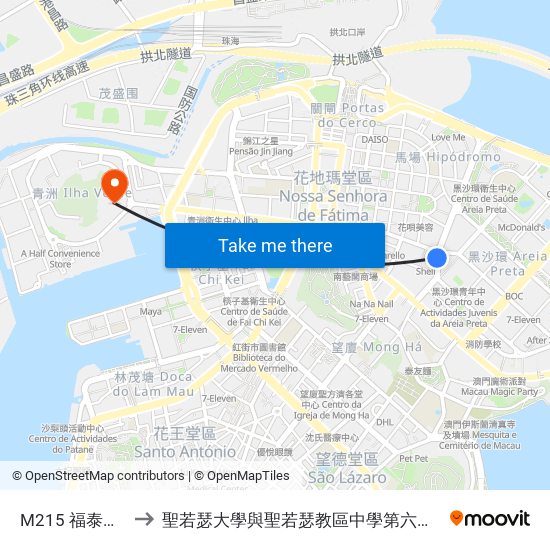 M215 福泰工業大廈 Edf. Ind. Fôk Tai to 聖若瑟大學與聖若瑟教區中學第六校 Universidade De São José&Colegio Diocesano De Sao Jose map