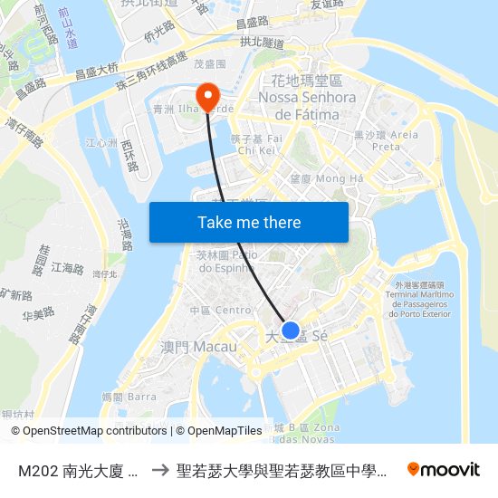 M202 南光大廈 Edf. Nam  Kwong, Nam Kwong Building to 聖若瑟大學與聖若瑟教區中學第六校 Universidade De São José&Colegio Diocesano De Sao Jose map