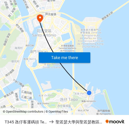 T345 氹仔客運碼頭 Terminal Marítimo De Passageiros Da Taipa, Taipa Ferry Terminal to 聖若瑟大學與聖若瑟教區中學第六校 Universidade De São José&Colegio Diocesano De Sao Jose map