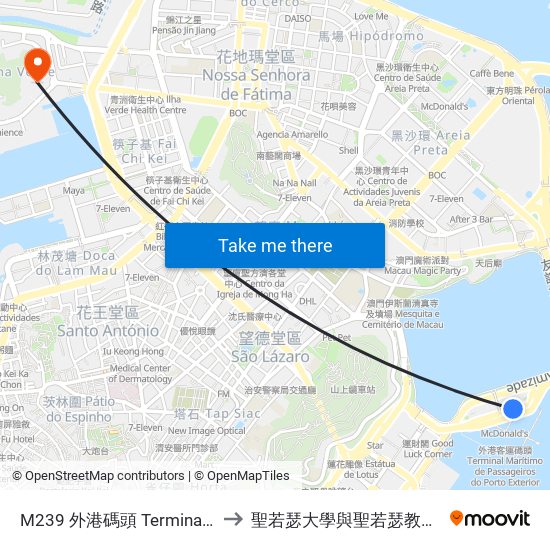 M239 外港碼頭 Terminal Marítimo De Passageiros Do Porto Exterior, Outer Harbour Ferry Terminal to 聖若瑟大學與聖若瑟教區中學第六校 Universidade De São José&Colegio Diocesano De Sao Jose map