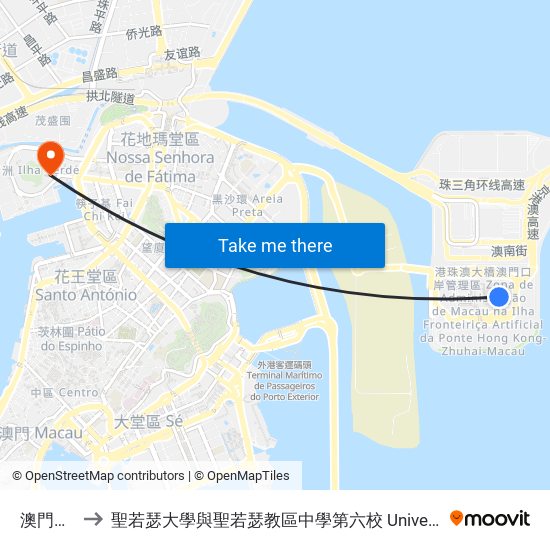 澳門口岸 Macau to 聖若瑟大學與聖若瑟教區中學第六校 Universidade De São José&Colegio Diocesano De Sao Jose map