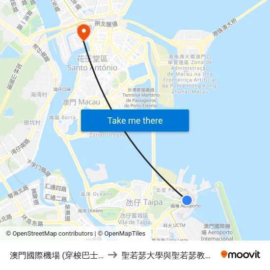澳門國際機場 (穿梭巴士站) Aeroporto De Macau (Macau International Airport Shuttle Bus Stop) to 聖若瑟大學與聖若瑟教區中學第六校 Universidade De São José&Colegio Diocesano De Sao Jose map