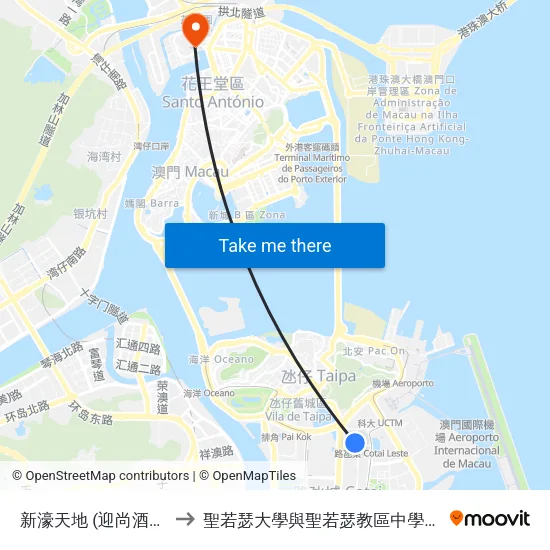 新濠天地 (迎尚酒店) City Of Dreams (The Countdown Hotel) to 聖若瑟大學與聖若瑟教區中學第六校 Universidade De São José&Colegio Diocesano De Sao Jose map