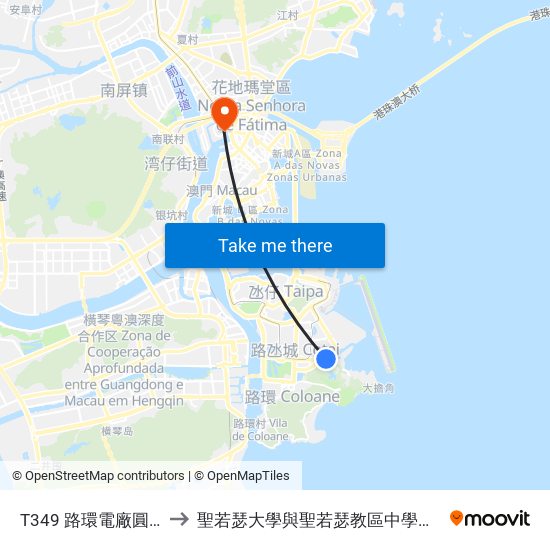 T349 路環電廠圓形地 R. Da Central Térmica De Coloane to 聖若瑟大學與聖若瑟教區中學第六校 Universidade De São José&Colegio Diocesano De Sao Jose map