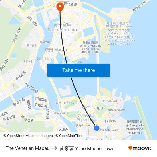 The Venetian Macau to 茵豪薈 Yoho Macau Tower map