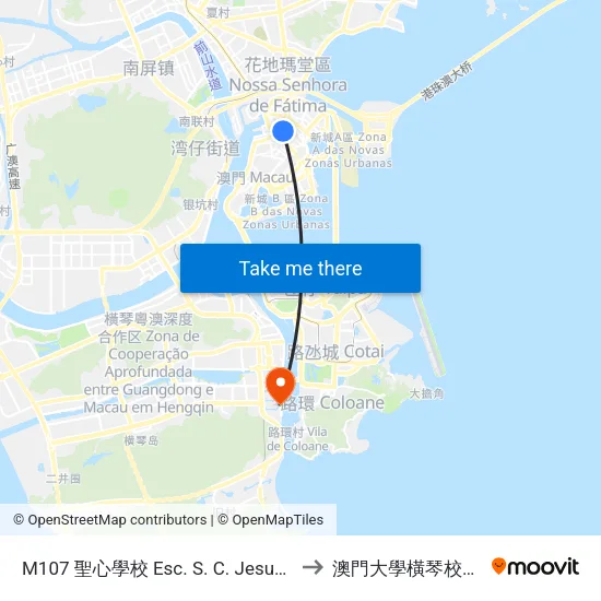 M107 聖心學校 Esc. S. C. Jesus, Sacred Heart Canossian College to 澳門大學橫琴校區中央教學樓東四座 map