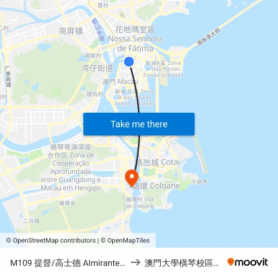 M109 提督/高士德 Almirante Lacerda / Horta E Costa to 澳門大學橫琴校區中央教學樓東四座 map