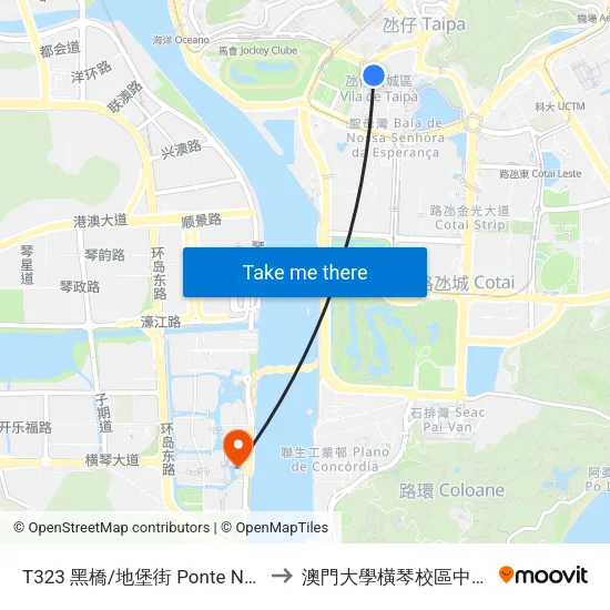 T323 黑橋/地堡街 Ponte Negra/R. Do Regedor to 澳門大學橫琴校區中央教學樓東四座 map