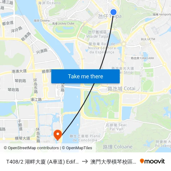 T408/2 湖畔大廈 (A車道) Edifício Do Lago (Via / Lane A) to 澳門大學橫琴校區中央教學樓東四座 map