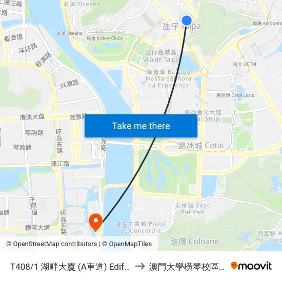 T408/1 湖畔大廈 (A車道) Edifício Do Lago (Via / Lane A) to 澳門大學橫琴校區中央教學樓東四座 map