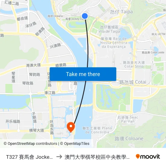 T327 賽馬會 Jockey Club to 澳門大學橫琴校區中央教學樓東四座 map
