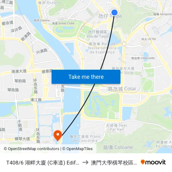 T408/6 湖畔大廈 (C車道) Edifício Do Lago (Via / Lane C) to 澳門大學橫琴校區中央教學樓東四座 map