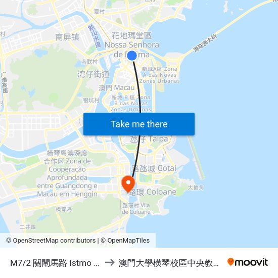 M7/2 關閘馬路 Istmo F. Amaral to 澳門大學橫琴校區中央教學樓東四座 map