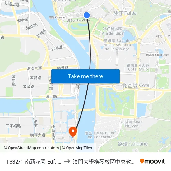 T332/1 南新花園 Edf. Nam Sun to 澳門大學橫琴校區中央教學樓東四座 map