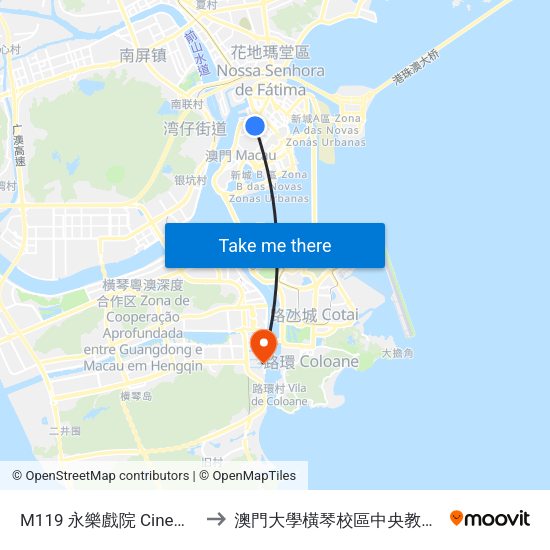 M119 永樂戲院 Cinema Alegria to 澳門大學橫琴校區中央教學樓東四座 map
