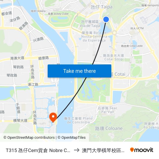 T315 氹仔Cem貨倉 Nobre Carvalho/ Armazem Cem to 澳門大學橫琴校區中央教學樓東四座 map