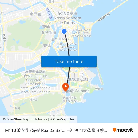 M110 渡船街/婦聯 Rua Da Barca/Esc. Assoc. G. De Mulhers to 澳門大學橫琴校區中央教學樓東四座 map