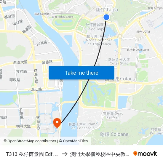 T313 氹仔茵景園 Edf. Greenville to 澳門大學橫琴校區中央教學樓東四座 map