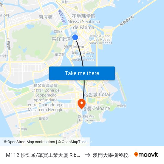 M112 沙梨頭/華寶工業大廈 Ribeira Do Patane / Edf. Industrial Wa Pou to 澳門大學橫琴校區中央教學樓東四座 map