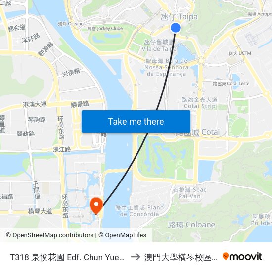 T318 泉悅花園 Edf. Chun Yuet Garden, Chun Yuet Garden to 澳門大學橫琴校區中央教學樓東四座 map