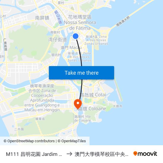M111 昌明花園 Jardim Cheong Meng to 澳門大學橫琴校區中央教學樓東四座 map