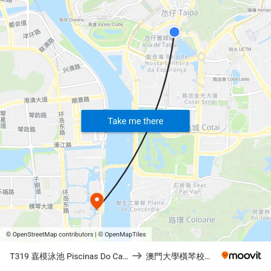 T319 嘉模泳池 Piscinas Do Carmo, Carmo Swimming Pools to 澳門大學橫琴校區中央教學樓東四座 map