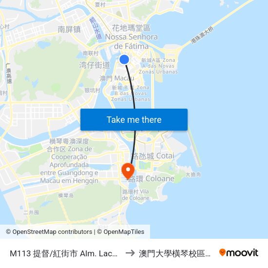 M113 提督/紅街市 Alm. Lacerda/ Mercado Vermelho to 澳門大學橫琴校區中央教學樓東四座 map