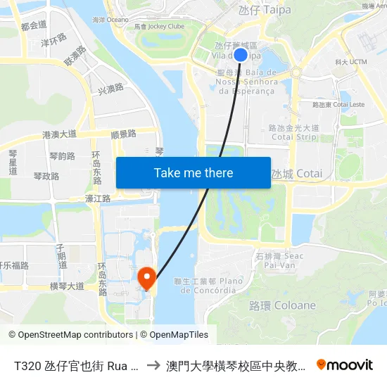 T320 氹仔官也街 Rua Do Cunha to 澳門大學橫琴校區中央教學樓東四座 map