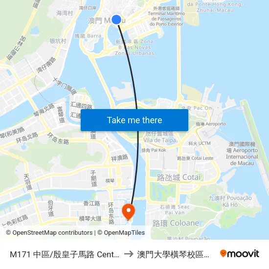 M171 中區/殷皇子馬路 Centro/Infante D. Henrique to 澳門大學橫琴校區中央教學樓東四座 map