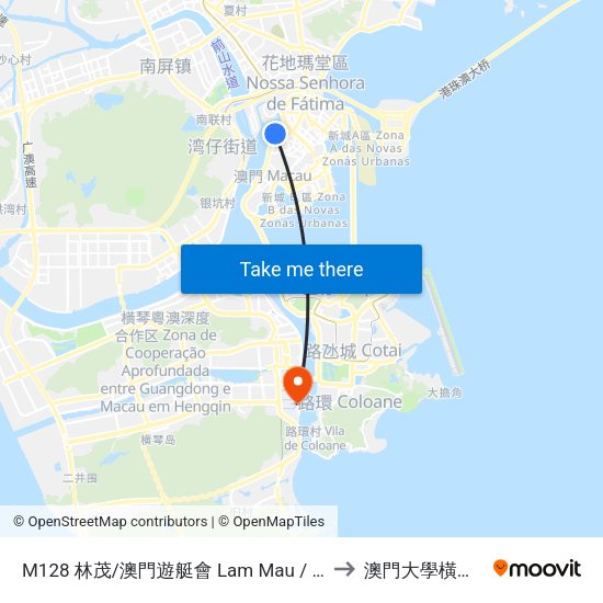 M128 林茂/澳門遊艇會 Lam Mau / Clube Náutico De Macau, Lam Mau / Macau Yacht Club to 澳門大學橫琴校區中央教學樓東四座 map