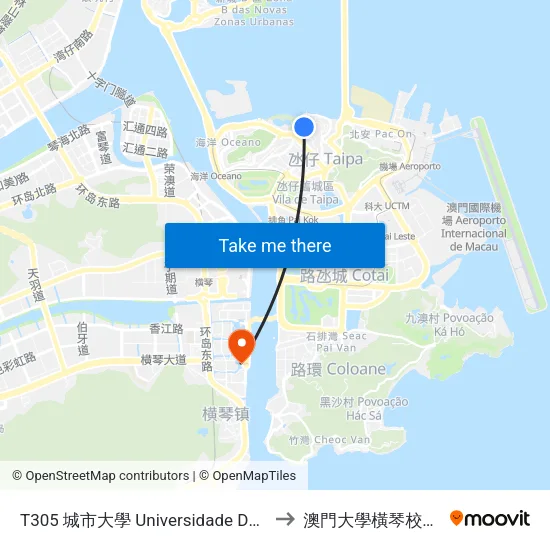 T305 城市大學 Universidade Da Cidade, City University Of Macao to 澳門大學橫琴校區中央教學樓東四座 map