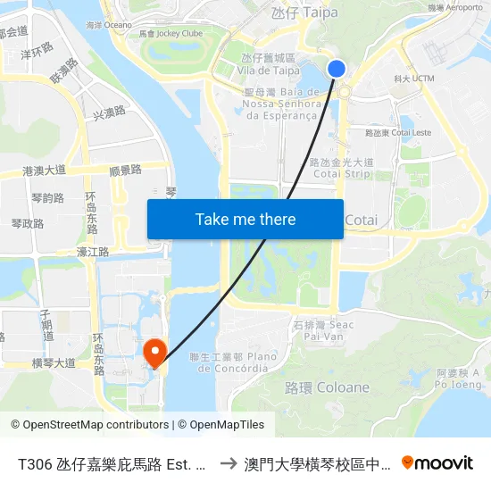 T306 氹仔嘉樂庇馬路 Est. Gov. Nobre Carvalho to 澳門大學橫琴校區中央教學樓東四座 map
