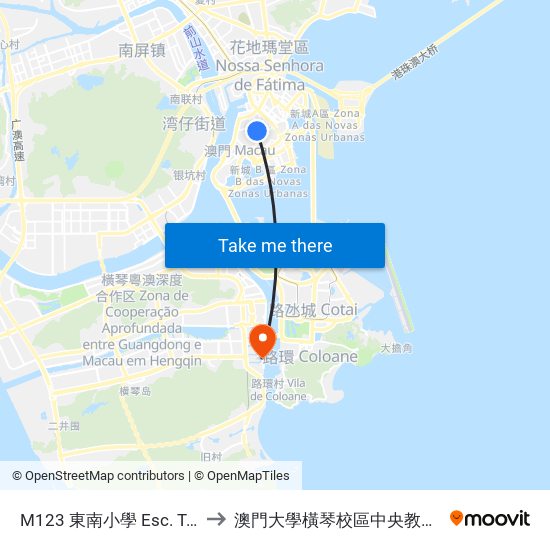 M123 東南小學 Esc. Tong Nam to 澳門大學橫琴校區中央教學樓東四座 map