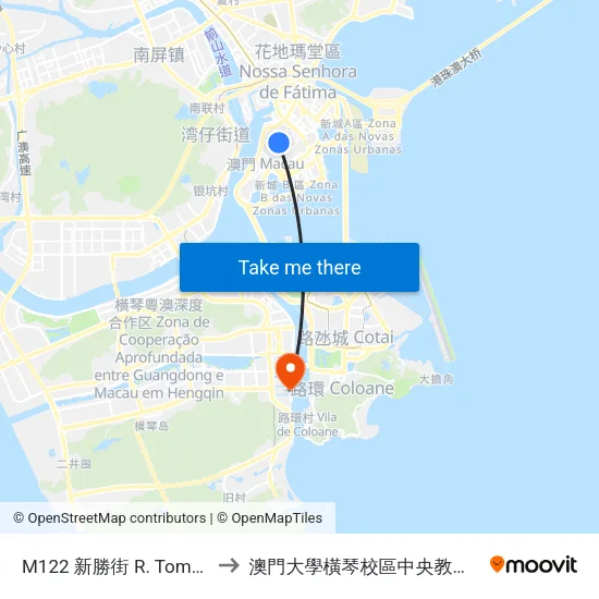 M122 新勝街 R. Tomás  Vieira to 澳門大學橫琴校區中央教學樓東四座 map