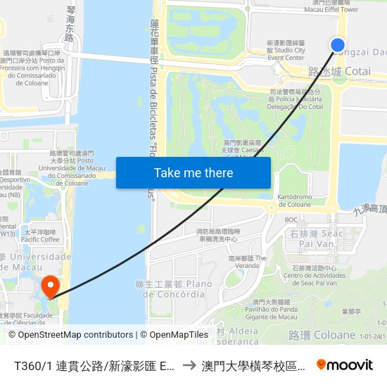 T360/1 連貫公路/新濠影匯 Est. Do Istmo / Studio City to 澳門大學橫琴校區中央教學樓東四座 map