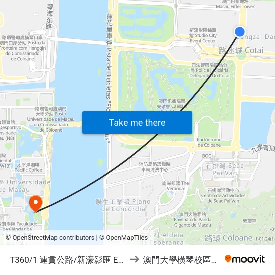 T360/1 連貫公路/新濠影匯 Est. Do Istmo / Studio City to 澳門大學橫琴校區中央教學樓東四座 map