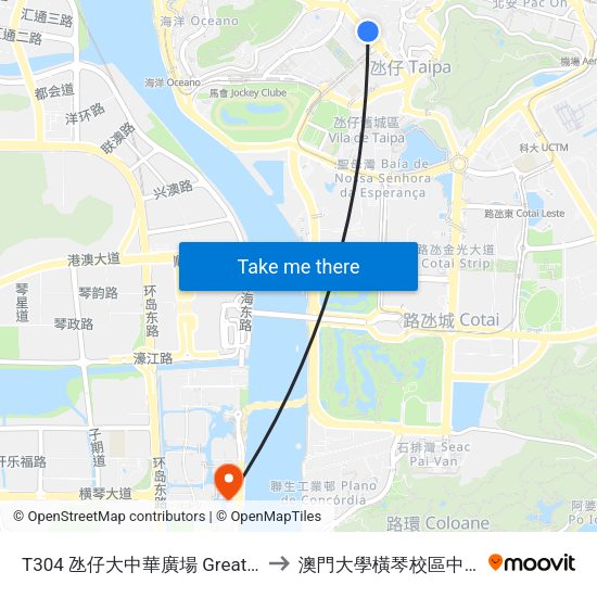 T304 氹仔大中華廣場 Great China Plaza / Taipa to 澳門大學橫琴校區中央教學樓東四座 map